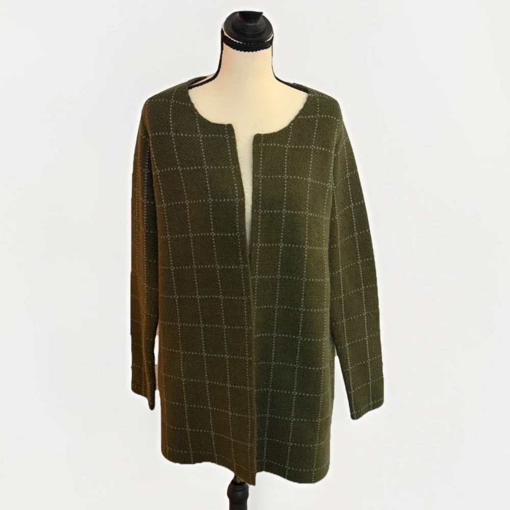Olive Green Grid Cardigan Duster Minimal Cozy‎ Sweater M